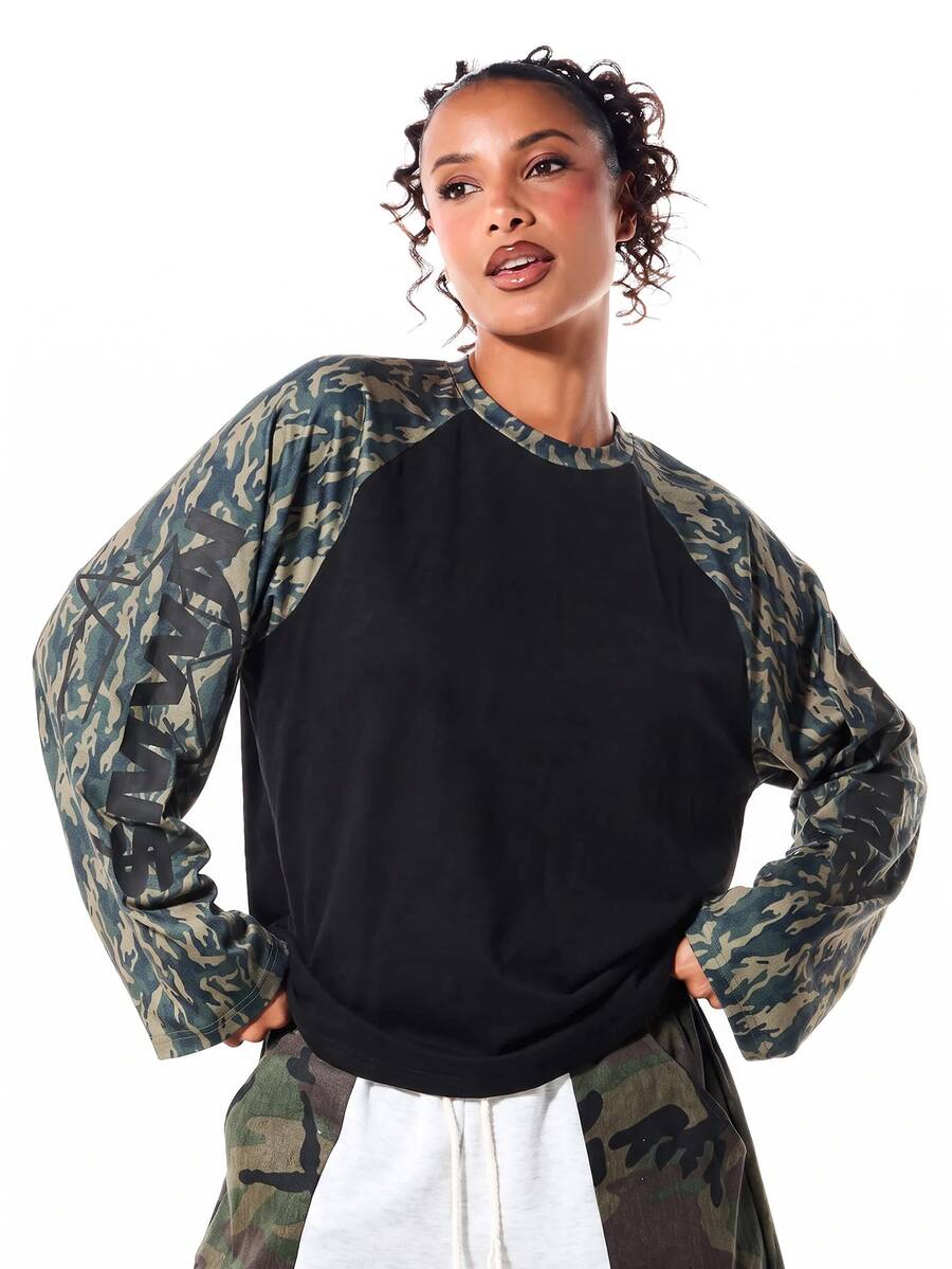SUMWON Oversized Raglan Long Sleeve Top With Camo Print Sleeves And Crew Neck - Casual Color Block Street Style Fall - Black - View 1