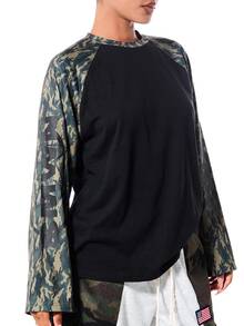 SUMWON Oversized Raglan Long Sleeve Top With Camo Print Sleeves And Crew Neck - Casual Color Block Street Style Fall - Black - View 4