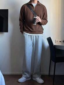 DAZY 男士春秋海軍藍半拉鍊套頭衛衣，翻領設計，羅紋針織紋理面料連帽衫 - 棕色 - 查看 4