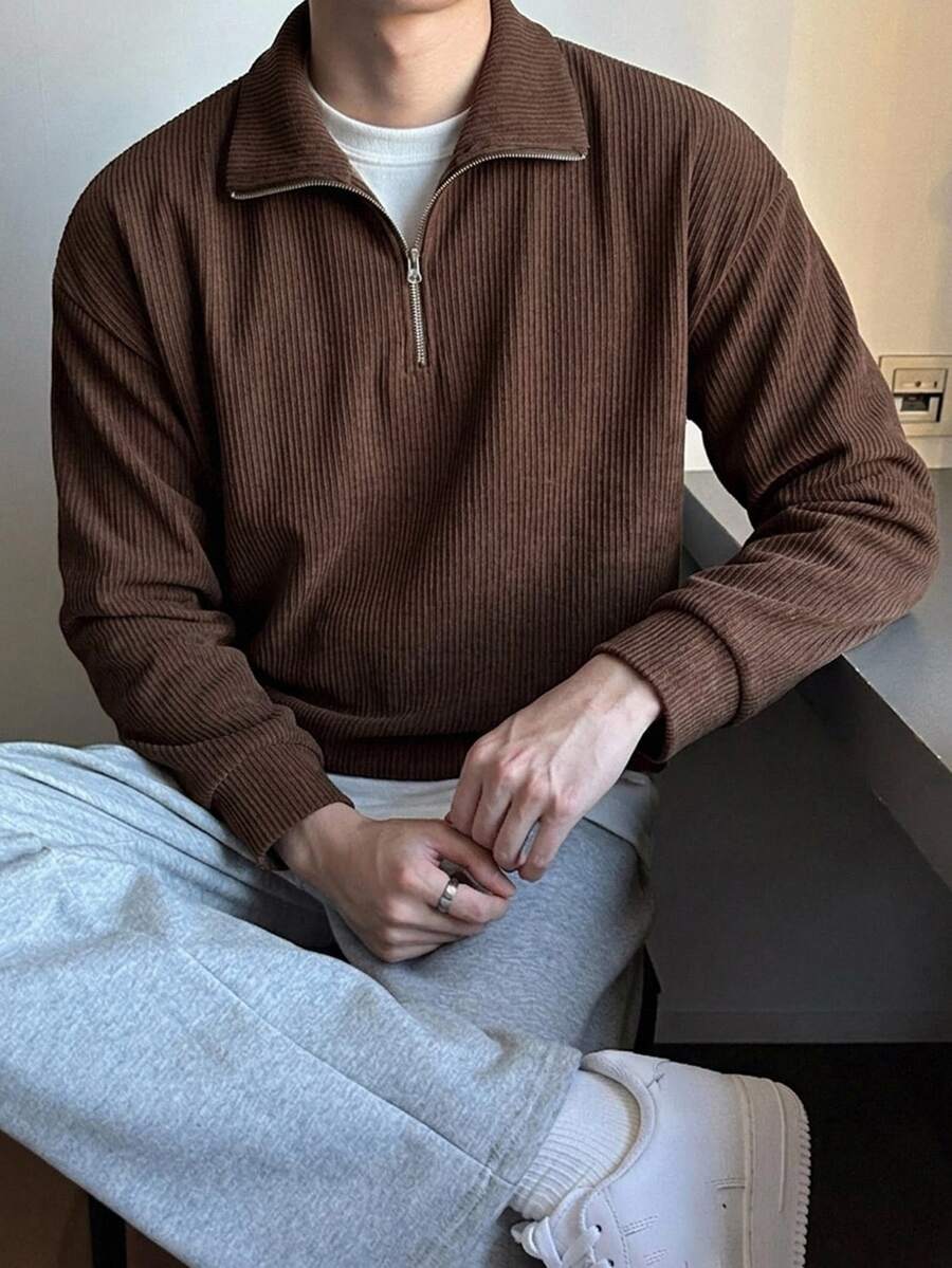 DAZY 男士春秋海軍藍半拉鍊套頭衛衣,翻領設計,羅紋針織紋理面料連帽衫 - 棕色 - 查看 1