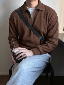 DAZY 男士春秋海軍藍半拉鍊套頭衛衣，翻領設計，羅紋針織紋理面料連帽衫 - 棕色 - 查看 2