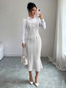 Elenzga فستان نسائي أنيق بياقة مربعة وخصر مشدود وأزرار بنقشة مربعات بتصميم ذيل السمكة لحفلات المساء - أبيض وأسود - مشاهدة 5