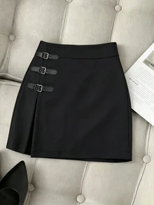 SHEIN Franclia This New Autumn Women's Black Elegant Skirt Features A Belt Buckle And Slit Lining Design,Perfect For Parties,Commuting, Halloween,And Christmas. - Black - View 8