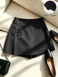 SHEIN Franclia This New Autumn Women's Black Elegant Skirt Features A Belt Buckle And Slit Lining Design,Perfect For Parties,Commuting, Halloween,And Christmas. - Black - View 10