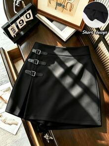 SHEIN Franclia This New Autumn Women's Black Elegant Skirt Features A Belt Buckle And Slit Lining Design,Perfect For Parties,Commuting, Halloween,And Christmas. - Black - View 1
