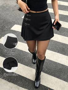 SHEIN Franclia This New Autumn Women's Black Elegant Skirt Features A Belt Buckle And Slit Lining Design,Perfect For Parties,Commuting, Halloween,And Christmas. - Black - View 4
