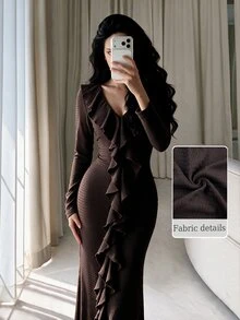 Modelyn Women Dark Brown V Neck Front Ruffle Trim Long Sleeve Fitted Mermaid Long Dress Quiet Luxury Fall Evening Party Formal Gown - Brown - View 1