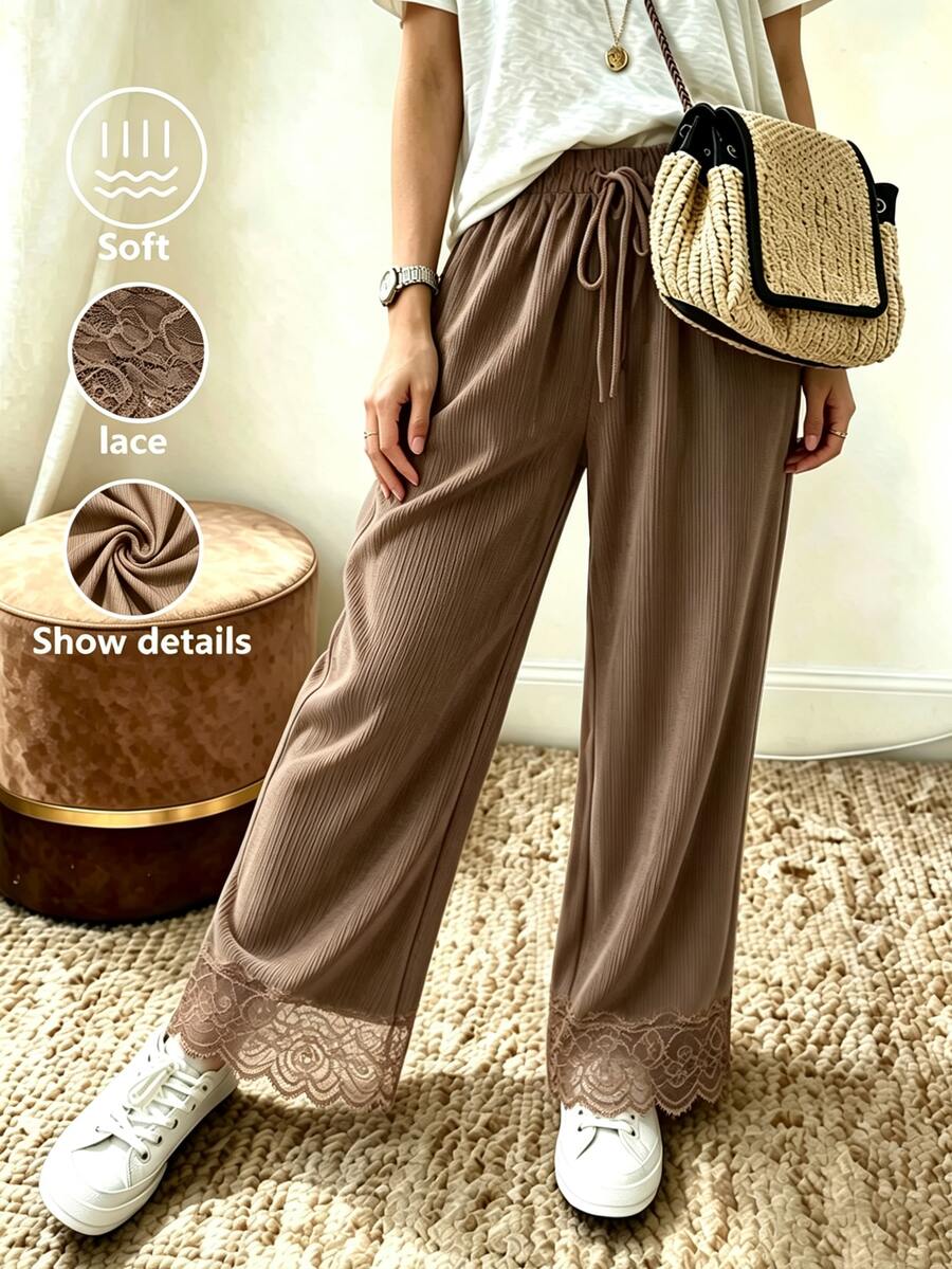 Holdful Holdful Women's Solid Color Waist Tie Contrast Lace Straight Leg Loose Fit Long Pants - Brown - View 1