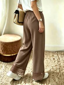 Holdful Holdful Women's Solid Color Waist Tie Contrast Lace Straight Leg Loose Fit Long Pants - Brown - View 2