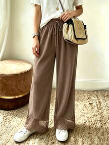 Holdful Holdful Women's Solid Color Waist Tie Contrast Lace Straight Leg Loose Fit Long Pants - Brown - View 4