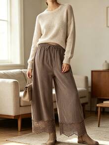 Holdful Holdful Women's Solid Color Waist Tie Contrast Lace Straight Leg Loose Fit Long Pants - Brown - View 3