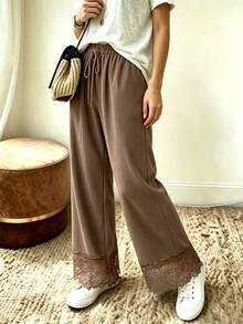 Holdful Holdful Women's Solid Color Waist Tie Contrast Lace Straight Leg Loose Fit Long Pants - Brown - View 5