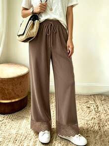 Holdful Holdful Women's Solid Color Waist Tie Contrast Lace Straight Leg Loose Fit Long Pants - Brown - View 6