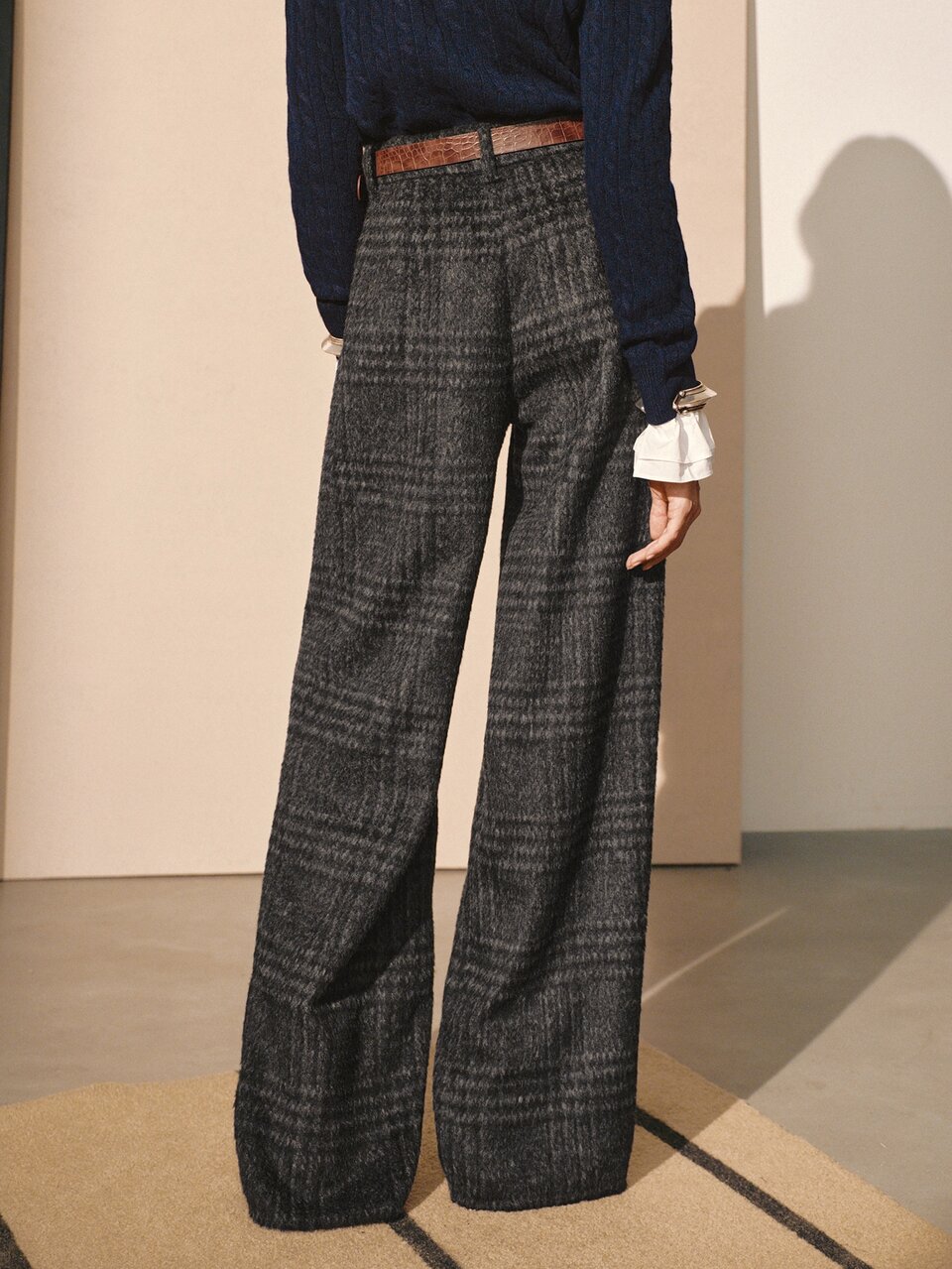 MOTF WOMEN'S AUTUMN/WINTER PLAID WOOL BLEND BELTED STRAIGHT LEG WIDE LEG PANTS