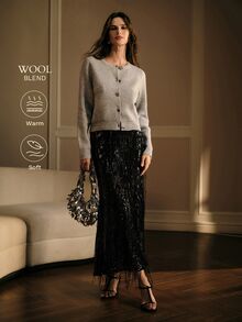 MOTF PREMIUM ELEGANT RHINESTONE DECORATED GLOSSY AUTUMN/WINTER CARDIGAN JACKET - Black - View 1