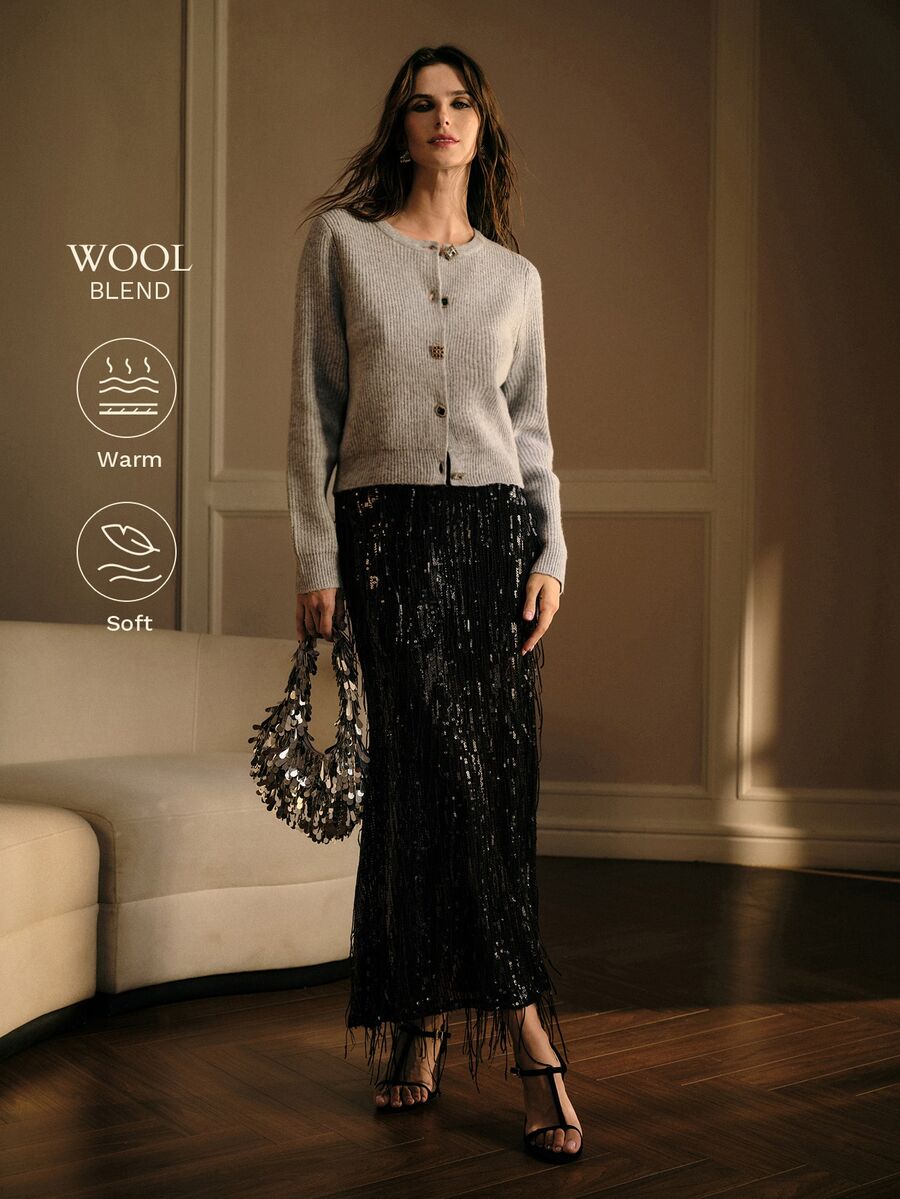 MOTF PREMIUM ELEGANT RHINESTONE DECORATED GLOSSY AUTUMN/WINTER CARDIGAN JACKET - Black - View 1