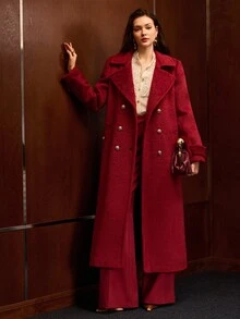 MOTF PREMIUM MANTEL WANITA WOL SATU SISI, KANCING GANDA, PANJANG SEDANG, UNTUK MUSIM GUGUR/DINGIN - Merah - View 2