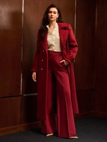 MOTF PREMIUM MANTEL WANITA WOL SATU SISI, KANCING GANDA, PANJANG SEDANG, UNTUK MUSIM GUGUR/DINGIN - Merah - View 6