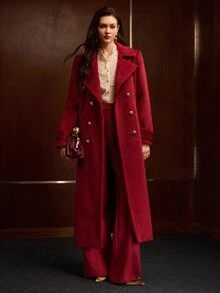 MOTF PREMIUM MANTEL WANITA WOL SATU SISI, KANCING GANDA, PANJANG SEDANG, UNTUK MUSIM GUGUR/DINGIN - Merah - View 4