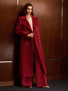 MOTF PREMIUM MANTEL WANITA WOL SATU SISI, KANCING GANDA, PANJANG SEDANG, UNTUK MUSIM GUGUR/DINGIN - Merah - View 5