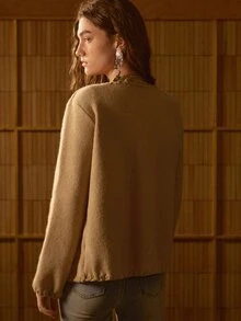 MOTF STUDIO Cardigan Rajut Gaya Santai Musim Gugur Wanita dengan Hiasan Crochet - Khaki - View 6