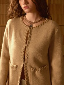MOTF STUDIO Cardigan Rajut Gaya Santai Musim Gugur Wanita dengan Hiasan Crochet - Khaki - View 2