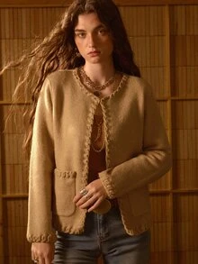 MOTF STUDIO Cardigan Rajut Gaya Santai Musim Gugur Wanita dengan Hiasan Crochet - Khaki - View 4