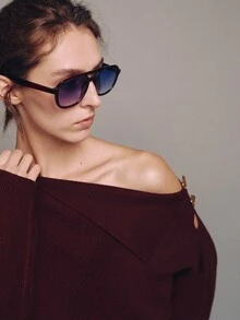 MOTF PREMIUM Button Decor Asymmetric Shoulder Loose Long Sleeve Pullover Sweater Autumn/Winter - Burgundy - View 7