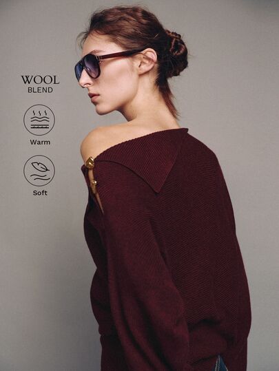 MOTF PREMIUM Button Decor Asymmetric Shoulder Loose Long Sleeve Pullover Sweater Autumn/Winter
