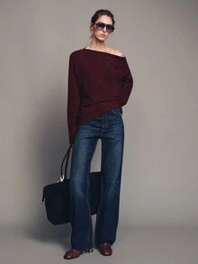 MOTF PREMIUM Button Decor Asymmetric Shoulder Loose Long Sleeve Pullover Sweater Autumn/Winter - Burgundy - View 2