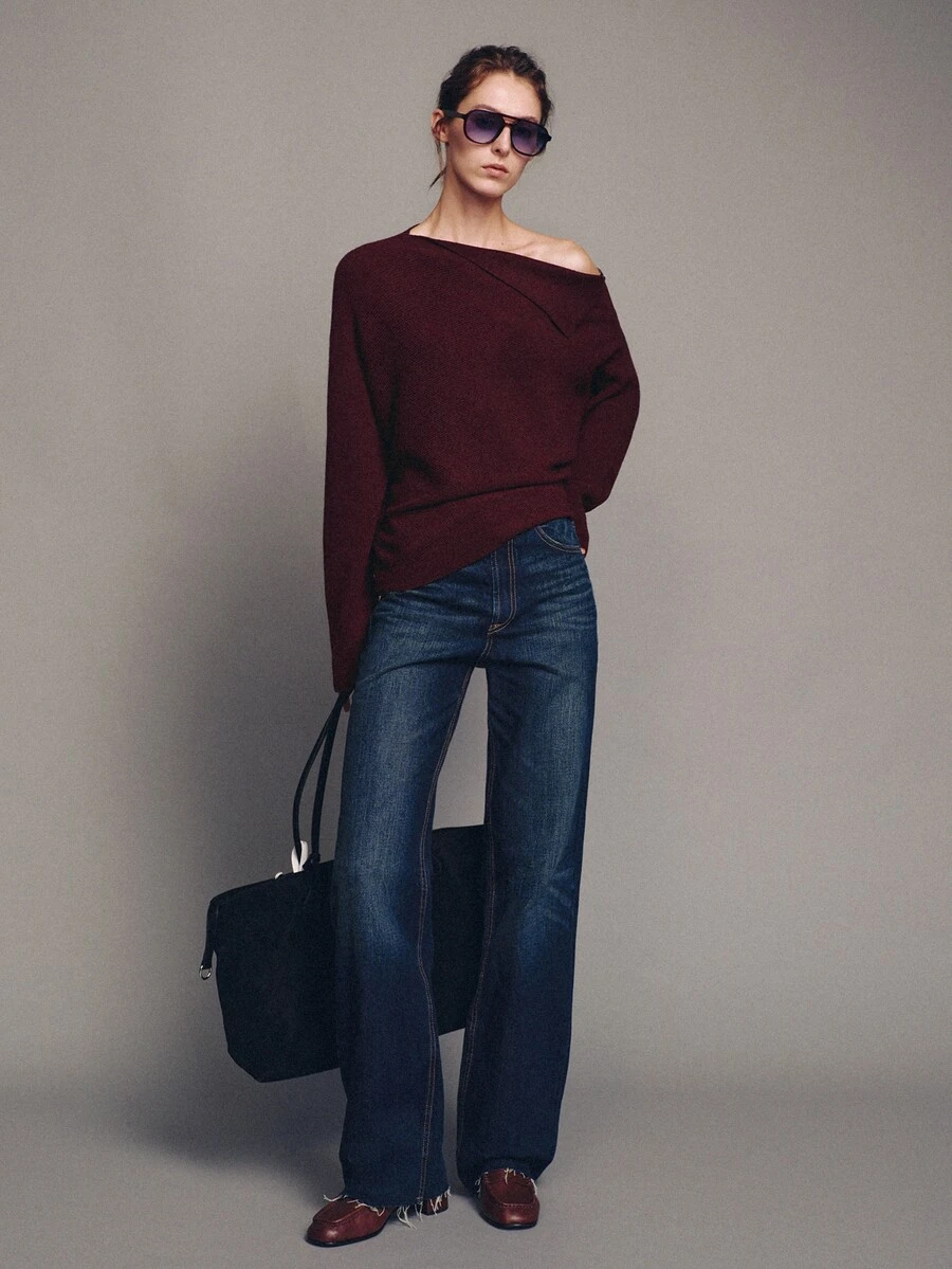 MOTF PREMIUM Button Decor Asymmetric Shoulder Loose Long Sleeve Pullover Sweater Autumn/Winter - Burgundy - View 2