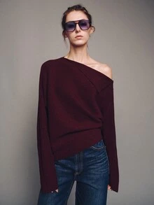 MOTF PREMIUM Button Decor Asymmetric Shoulder Loose Long Sleeve Pullover Sweater Autumn/Winter - Burgundy - View 5