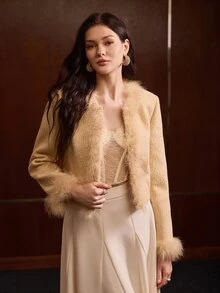 MOTF PREMIUM WOMEN'S AUTUMN/WINTER TEXTURED STRIPED PATCHWORK SHORT JACKET - Light Yellow - View 5