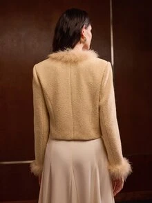 MOTF PREMIUM WOMEN'S AUTUMN/WINTER TEXTURED STRIPED PATCHWORK SHORT JACKET - Light Yellow - View 4