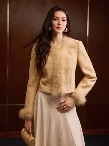 MOTF PREMIUM WOMEN'S AUTUMN/WINTER TEXTURED STRIPED PATCHWORK SHORT JACKET - Light Yellow - View 6