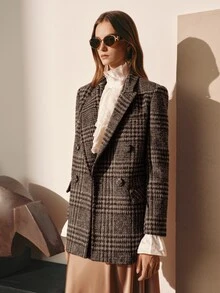 MOTF PREMIUM WOMEN'S AUTUMN/WINTER WOOL PLAID WIDE SHOULDER CINCHED WAIST EMBROIDERED BLAZER - Grey - View 5