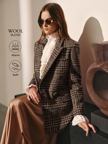 MOTF PREMIUM WOMEN'S AUTUMN/WINTER WOOL PLAID WIDE SHOULDER CINCHED WAIST EMBROIDERED BLAZER - Grey - View 3