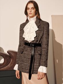 MOTF PREMIUM WOMEN'S AUTUMN/WINTER WOOL PLAID WIDE SHOULDER CINCHED WAIST EMBROIDERED BLAZER - Grey - View 8