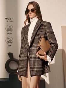 MOTF PREMIUM WOMEN'S AUTUMN/WINTER WOOL PLAID WIDE SHOULDER CINCHED WAIST EMBROIDERED BLAZER - Grey - View 1