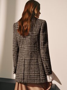 MOTF PREMIUM WOMEN'S AUTUMN/WINTER WOOL PLAID WIDE SHOULDER CINCHED WAIST EMBROIDERED BLAZER - Grey - View 6