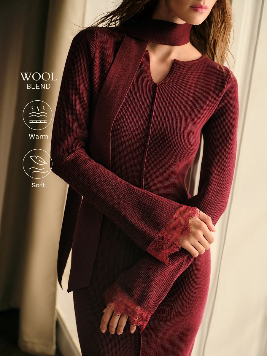 MOTF PREMIUM ELEGANT V-NECK TIE CUFF LACE PATCHWORK MID-LENGTH AUTUMN/WINTER KNIT DRESS - Burgundy - View 2
