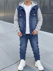 Kids Tween Boys' Autumn/Winter Deep Blue Denim Thermal Lined Grey Knit Hooded Jacket & Elastic Slim Fit Long Pants 2pcs Set - Blue - View 3