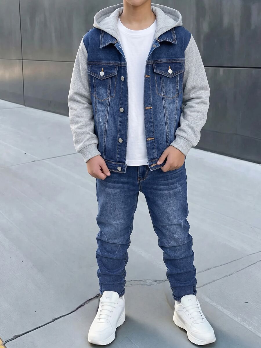 Kids Tween Boys' Autumn/Winter Deep Blue Denim Thermal Lined Grey Knit Hooded Jacket & Elastic Slim Fit Long Pants 2pcs Set - Blue - View 1