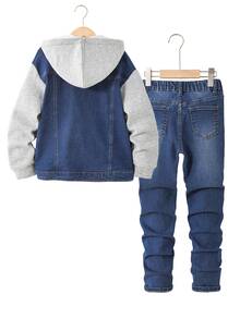 Kids Tween Boys' Autumn/Winter Deep Blue Denim Thermal Lined Grey Knit Hooded Jacket & Elastic Slim Fit Long Pants 2pcs Set - Blue - View 2
