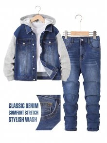 Kids Tween Boys' Autumn/Winter Deep Blue Denim Thermal Lined Grey Knit Hooded Jacket & Elastic Slim Fit Long Pants 2pcs Set - Blue - View 1