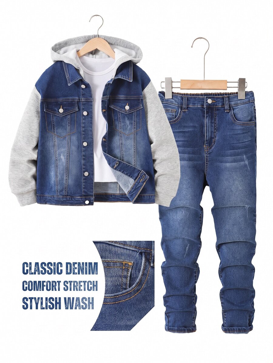 Kids Tween Boys' Autumn/Winter Deep Blue Denim Thermal Lined Grey Knit Hooded Jacket & Elastic Slim Fit Long Pants 2pcs Set - Blue - View 1