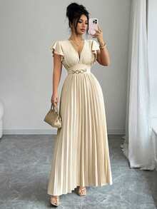 Elenzga New V-Neck Ruffle Sleeve Woven Solid Color Metal Decor Button Pleated Design Elegant Young Party Holiday Dinner Cocktail Maxi Dress For Women - Apricot - View 3
