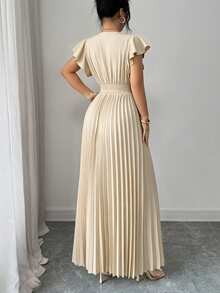 Elenzga New V-Neck Ruffle Sleeve Woven Solid Color Metal Decor Button Pleated Design Elegant Young Party Holiday Dinner Cocktail Maxi Dress For Women - Apricot - View 2