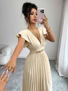 Elenzga New V-Neck Ruffle Sleeve Woven Solid Color Metal Decor Button Pleated Design Elegant Young Party Holiday Dinner Cocktail Maxi Dress For Women - Apricot - View 4