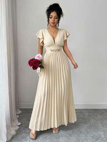 Elenzga New V-Neck Ruffle Sleeve Woven Solid Color Metal Decor Button Pleated Design Elegant Young Party Holiday Dinner Cocktail Maxi Dress For Women - Apricot - View 5